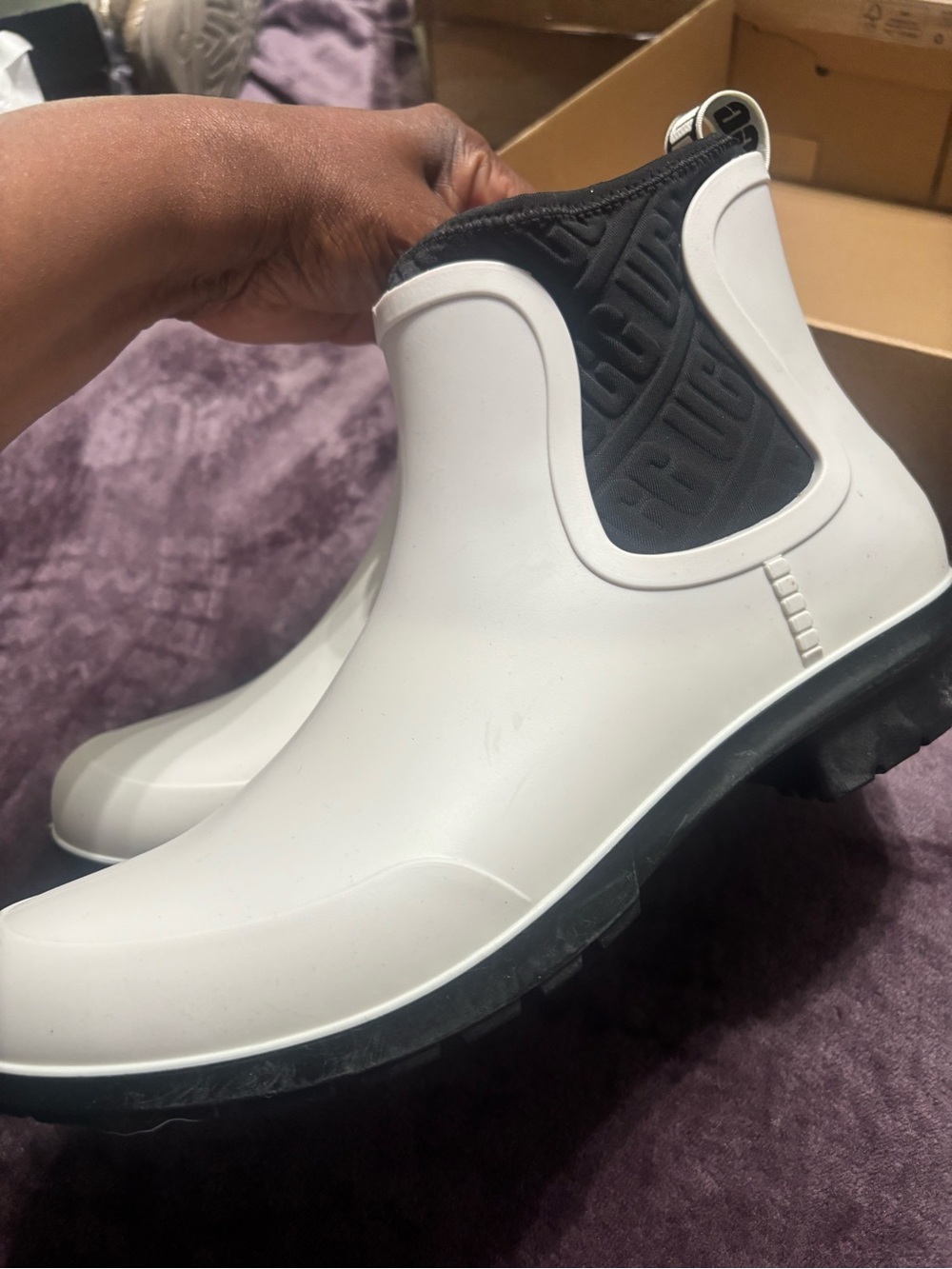 UGG White and Black Women's Short Rain Boots - Picture 3 of 10